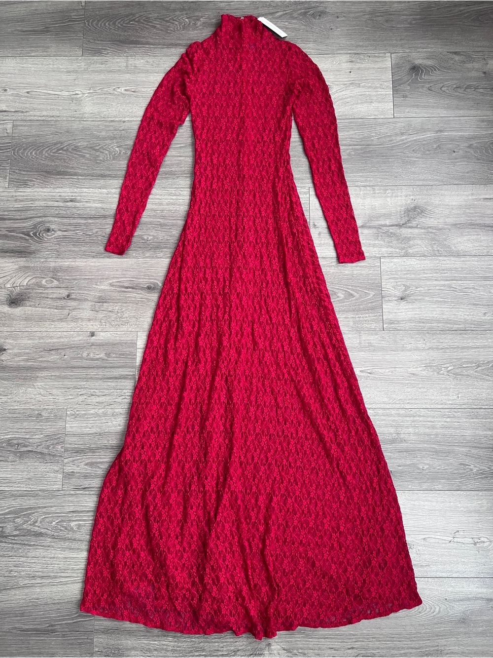 NAKED WARDROBE Sheer Lace Maxi Dress XS Red Turtleneck A-line Feminine Unlined